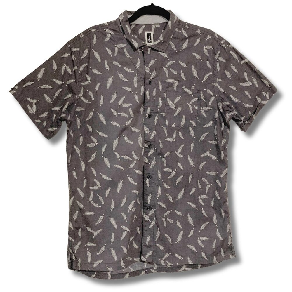 HOWE Dark grey white feather print short-sleeve button-down shirt MEDIUM LARGE